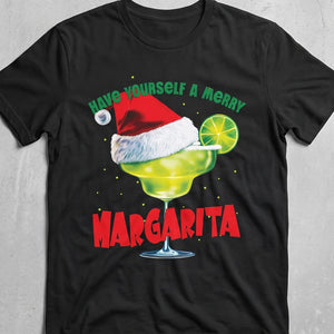 Black t-shirt with festive holiday graphic of a margarita with a lime and santa hat with text "Have yourself a merry margarita"