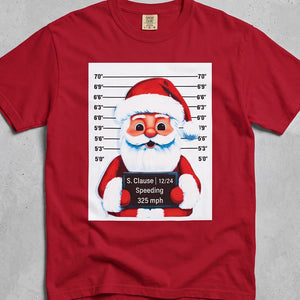 Red t-shirt with holiday graphic of Santa's mugshot for speeding 