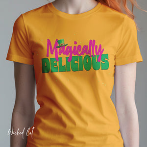 Person wearing a Forest t-shirt with 'Magically Delicious Funny St. Patrick's Day' design on a plain background