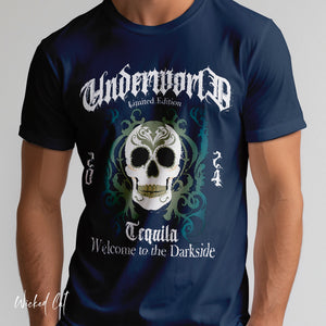 Person wearing a dark gray t-shirt with 'Tequila Lovers Sugar Skull' design on a plain background