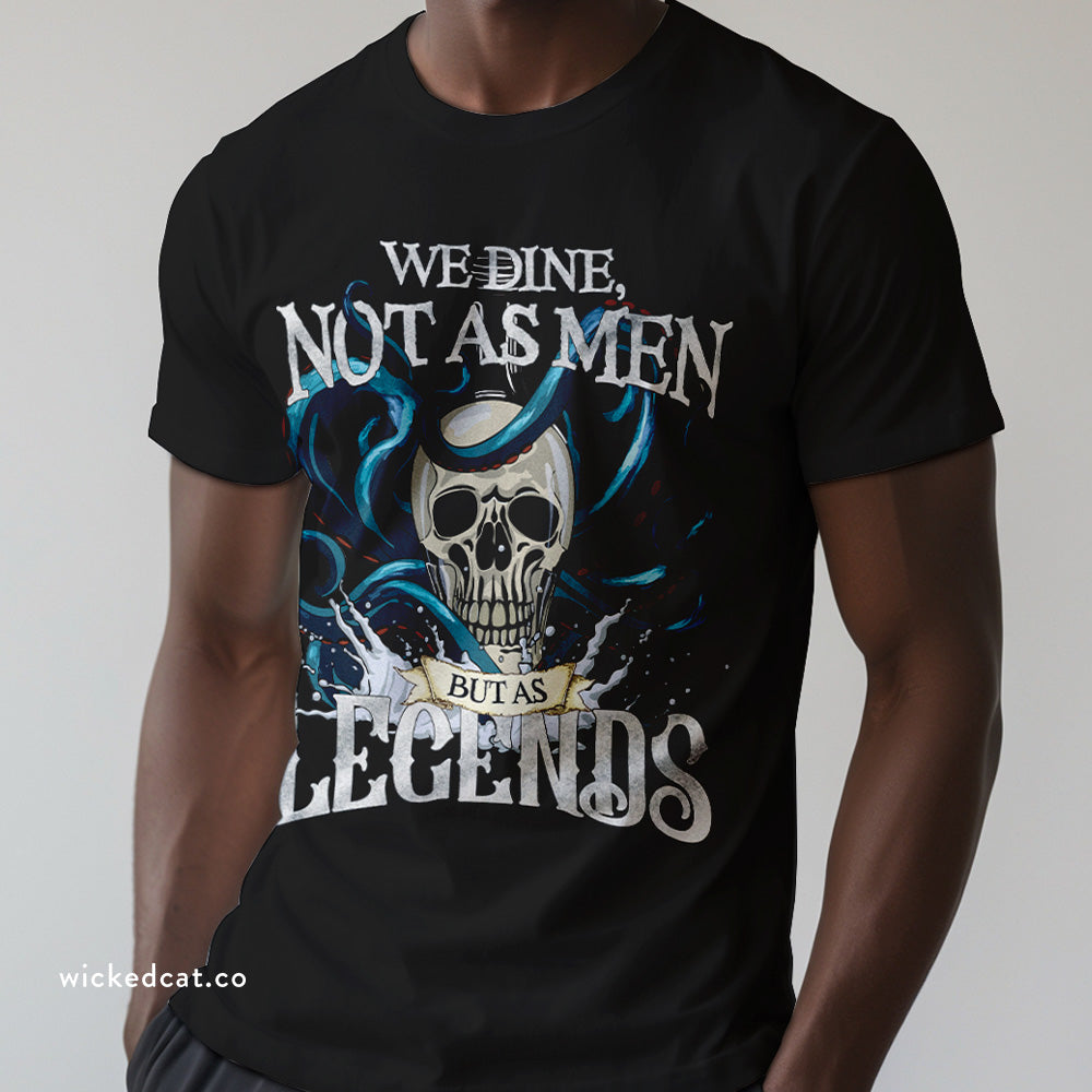 Pirate t-shirt with skull design and text on a white background