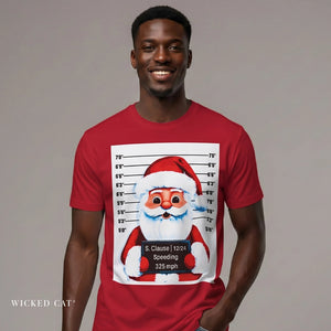 Man wearing a red t-shirt with a graphic of Santa Claus in a mugshot design.