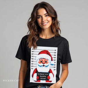 Woman wearing a black t-shirt with a Santa Claus mugshot design on a gray background