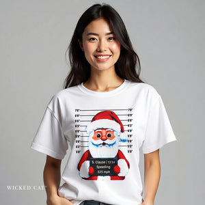 Person wearing a white t-shirt with a Santa Claus graphic and mugshot design.