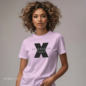 Woman wearing a light purple t-shirt with embroidered Gen X graphic design and text.