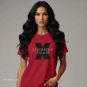 Woman wearing a red t-shirt with 'Generation X' embroidered on it against a gray background