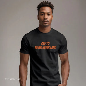 Man wearing a black t-shirt with embroidered orange text that reads Off to Never Never Land against a plain background