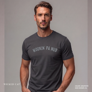 Man wearing a dark gray t-shirt with 'Wookin' Pa Nub' text on a plain background
