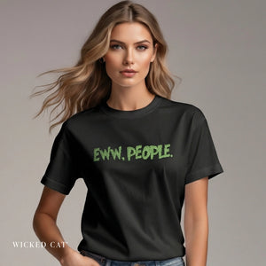 Woman wearing a black t-shirt with 'EWW, PEOPLE.' text in green on a plain background