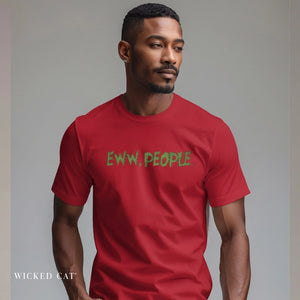 Man wearing a red t-shirt with 'EWW, PEOPLE' text on a plain background