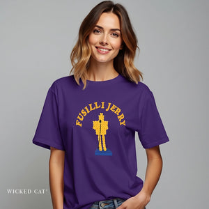 A woman wearing a purple short-sleeve t-shirt with a yellow and blue graphic of a skeleton figure and the text 'FUSILLI JERRY' on the front, set against a solid gray background.