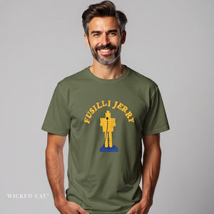 A man wearing an olive green t-shirt with a yellow and blue graphic of a soldier and the text 'FUSILLI JERRY' on the front, set against a solid gray background.