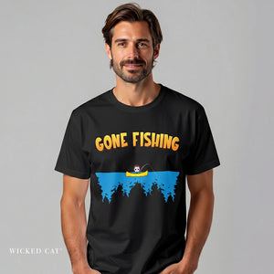 Man wearing a black t-shirt with 'Gone Fishing' graphic design on a gray background