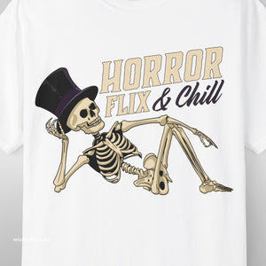 Pink t-shirt with 'Horror Flix & Chill Skeleton Halloween' design on a white background
