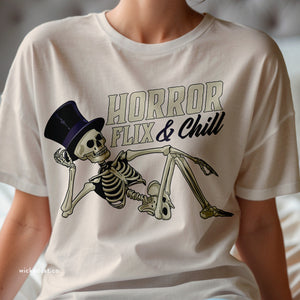 Dark gray t-shirt with 'Horror Flix & Chill Skeleton Halloween' design on a white background