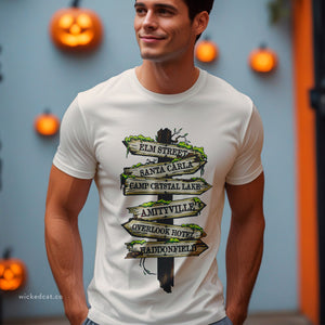 Dark gray t-shirt with 'Horror Road Sign Halloween' design on a white background