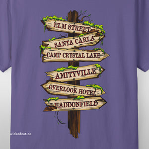 Teal blue t-shirt with 'Horror Road Sign Halloween' design on a white background