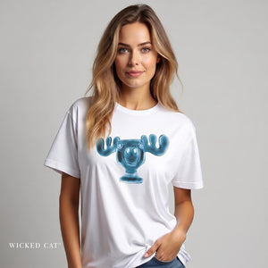 Woman wearing a white t-shirt with a blue moose graphic on a gray background