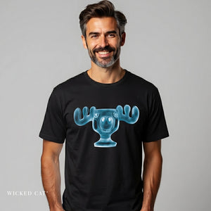 Man wearing a black t-shirt with a blue glass moose mug graphic on a gray background