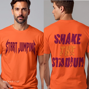 An orange short-sleeve graphic T-shirt shown on a male model from the front and back. The front has the phrase 'START JUMPING' in dark purple gothic-style lettering.