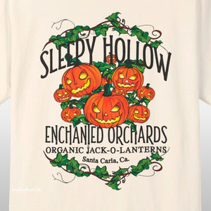 Beige t-shirt with 'Sleepy Hollow Pumpkins Halloween' design on a white background