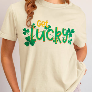 Kelly t-shirt with 'Get Lucky Funny St. Patrick's Party' design on a white background