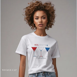 Person wearing a dark gray t-shirt with 'Red White and Fabulous Patriotic Martini July 4th' design on a plain background