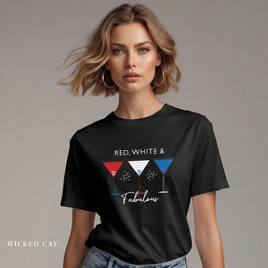 Person wearing a black t-shirt with 'Red White and Fabulous Patriotic Martini July 4th' design on a plain background