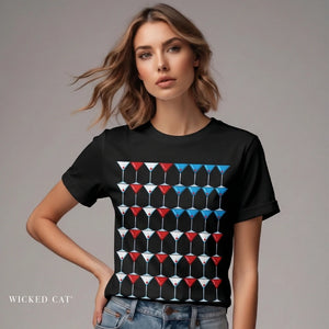 Person wearing a dark gray t-shirt with 'Martini American Patriotic July 4th' design on a plain background