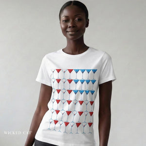 Person wearing a black t-shirt with 'Martini American Patriotic July 4th' design on a plain background