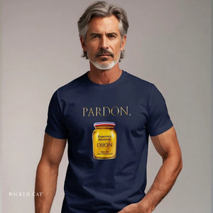 Person wearing a black t-shirt with 'Pardon, Grey Poupon Nostalgic Funny' design on a plain background