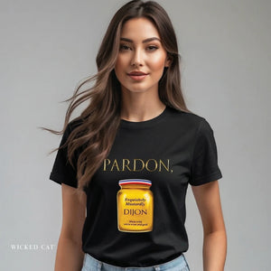 Person wearing a navy blue t-shirt with 'Pardon, Grey Poupon Nostalgic Funny' design on a plain background
