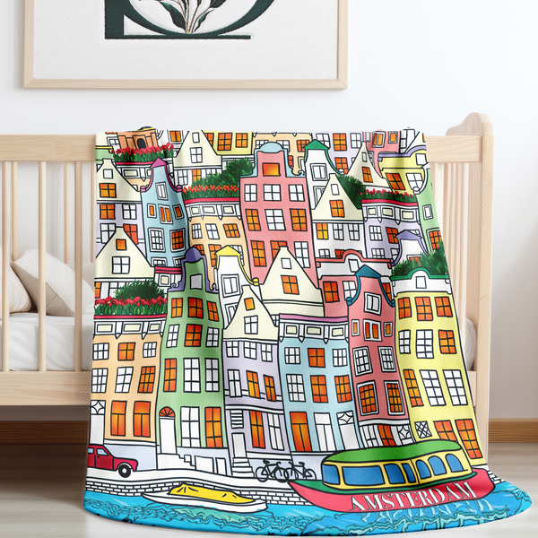 Whimsical Amsterdam City Sherpa Baby Blanket