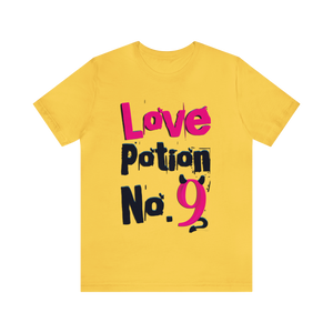 Olive t-shirt with 'Love Potion No 9 Witchy Woman' design on a white background