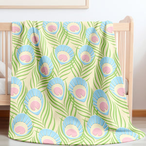 Soft sherpa blanket with 'Peacock Feathers | Newborn & Toddler' design