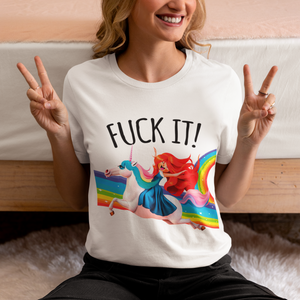 White t-shirt with 'Rainbows & Unicorns Funny' design on a white background