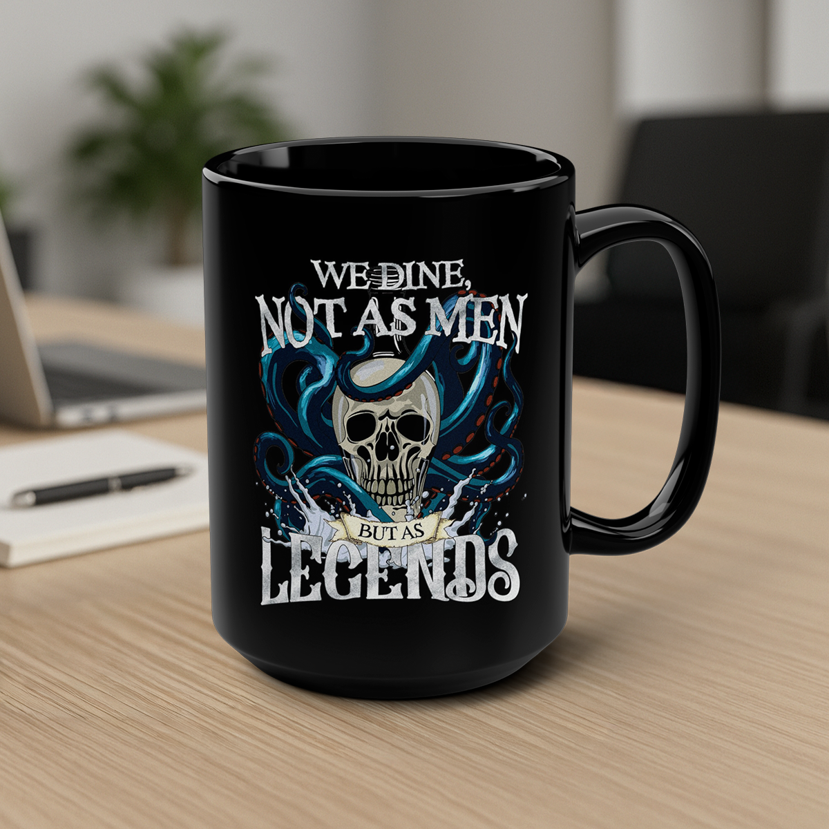 Black ceramic mug with a pirate skull design and text on a white background