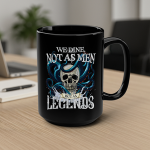 mug with 'We Dine as Legends Pirate' graphic on a white background