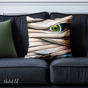 throw pillow with 'Mummy Eye Spooky Halloween Outdoor Indoor' design