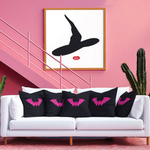 throw pillow with 'Black & Pink Bat Halloween' design