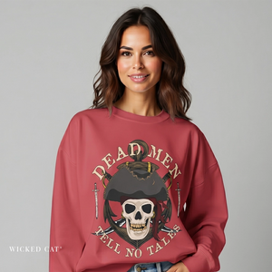 Woman wearing a red sweatshirt with a skull and crossbones design and text.