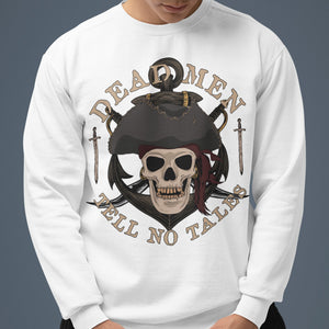 White sweatshirt with skull and crossed swords design on a gray background
