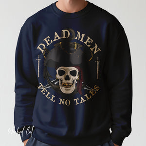 Person wearing a Blue Spruce sweatshirt with 'Dead Men Tell No Tales Pirate Skull' design on a plain background