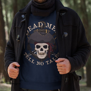 Crimson sweatshirt with 'Dead Men Tell No Tales Pirate Skull' design on a plain background