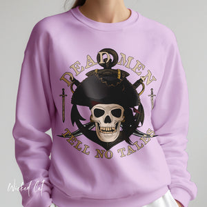 Yellow sweatshirt with 'Dead Men Tell No Tales Pirate Skull' design on a plain background