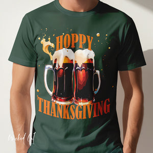 Person wearing a navy blue t-shirt with 'Beer Lovers Funny Thanksgiving' design on a plain background