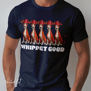 Person wearing a black t-shirt with 'Whippet Good Devo 80's Music Funny' design on a plain background