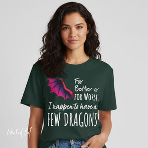 Person wearing a dark gray t-shirt with 'I Happen to Have a Few Dragons Game of Thrones' design on a plain background