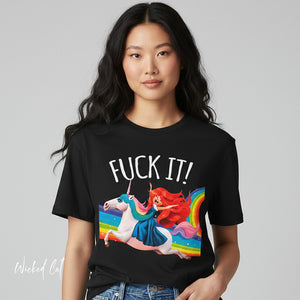 Person wearing a black t-shirt with 'Rainbows & Unicorns Funny' design on a plain background