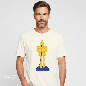 Man wearing a white t-shirt with a graphic design of a fusilli Jerry statue on a gray background